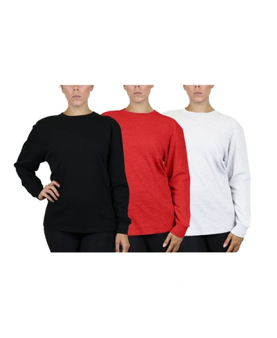 Galaxy By Harvic Women's Loose Fit Waffle Knit Thermal Shirt, Pack Of 3 In Black,red,white