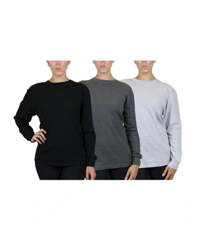 Galaxy By Harvic Women's Loose Fit Waffle Knit Thermal Shirt, Pack Of 3 In Black,charocal,heather Gray