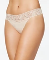 Hanky Panky Organic Cotton Original-rise Lace-waist Thong 891801 In Chai- Nude