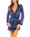 Oh La La Cheri Plus Size Eyelash Lace Robe With Satin Sash And G-string Lingerie Set In Navy