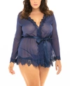 Oh La La Cheri Plus Size Eyelash Lace Robe With Satin Sash And G-string Lingerie Set In Navy