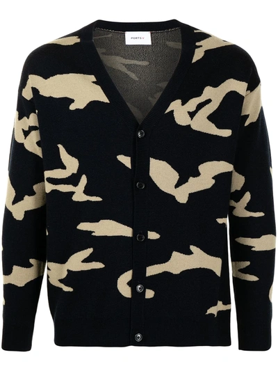 Ports V Camouflage-print Wool Cardigan In Blue