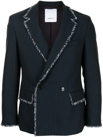 Ports V Fringe-trim Double-breasted Blazer In Blue