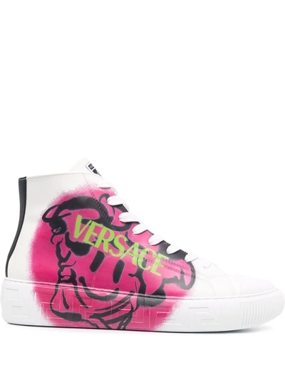 Versace Greca Medusa Smile High-top Sneakers In White Fuchsia