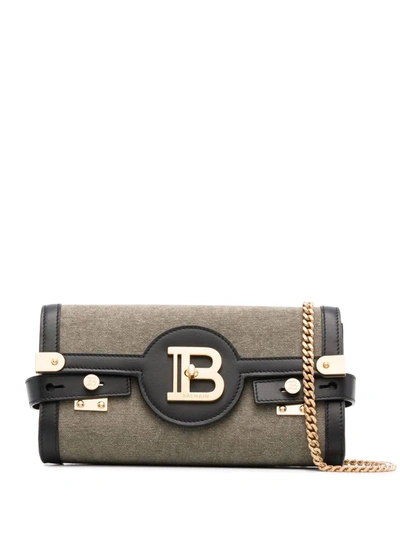 Balmain B-buzz 23 Chain-embellished Leather-trimmed Canvas Shoulder Bag In Green
