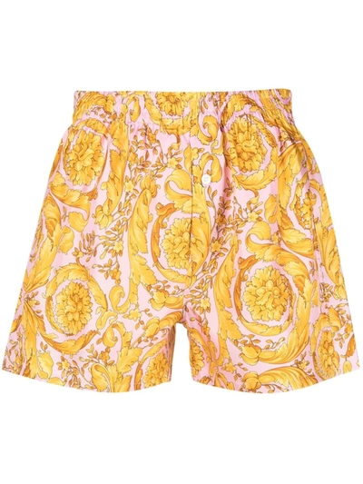 Versace Pink & Gold Barocco Print Silk Pyjama Shorts In Candy & Oro