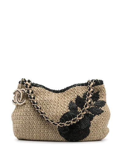 Pre-owned Chanel Camélia Patch Woven Shoulder Bag In Neutrals