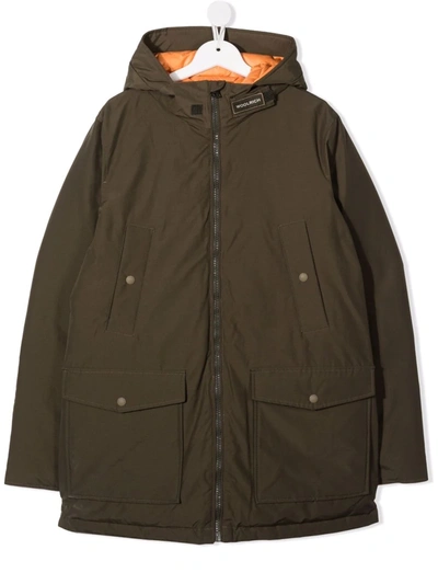 Woolrich Teen Hooded Feather-down Padded Coat In Green