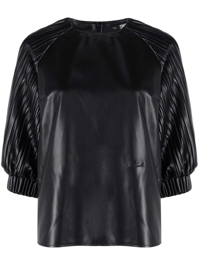 Karl Lagerfeld Vegan Leather Pleated-sleeve Top In 黑色