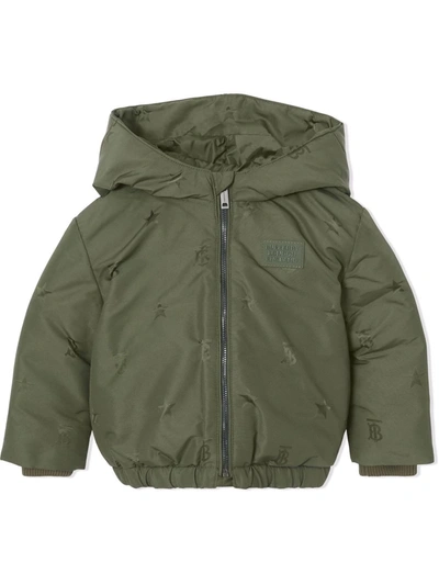 Burberry Babies' Tb-print Hooded Down Jacket In Green
