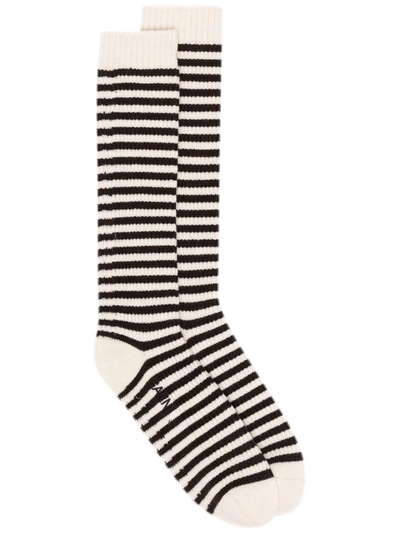Ganni Striped Rib-knit Socks In 白色