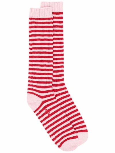 Ganni Striped Merino-blend Socks In 红色