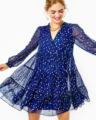 Lilly Pulitzer Sarita Silk Swing Dress In High Tide Navy Gold Metallic Silk Clip