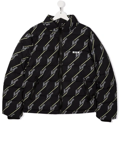 Msgm Teen Monogram-motif Zip-up Padded Jacket In Black