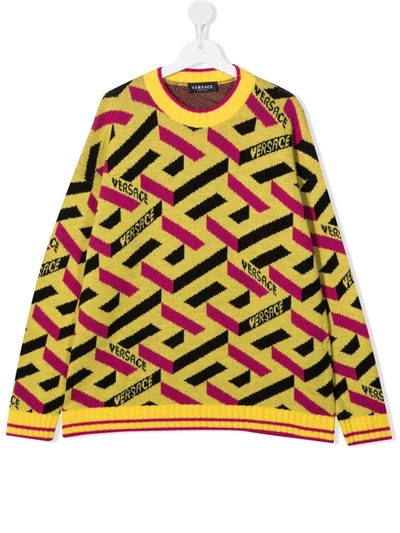 Versace Kids' Abstract Intarsia-knit Jumper In Yellow