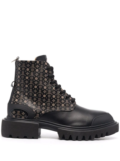Leandro Lopes Monogram-print Combat Boots In Black
