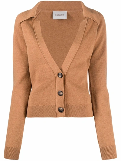 Nanushka Jodi Rib-trimmed Knitted Cardigan In Camel