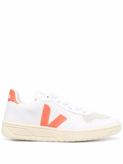 Veja V-10 Cwl Sneakers In White Leather In White Orange Fluo