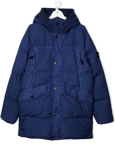 Stone Island Teen Hooded Padded Down Coat In Blue