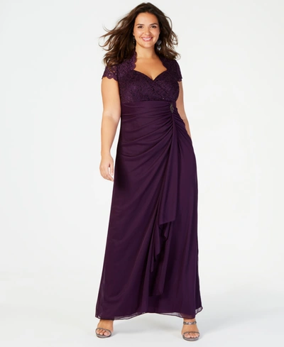 Betsy & Adam Plus Size Sequined-lace Ruched Gown In Eggplant Purple