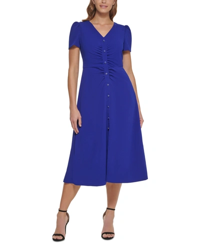 dkny ruched sleeve midi dress DKNY by Donna Karan Knit Round Neck Short Ruched Sleeve Tie Waist Midi Dress