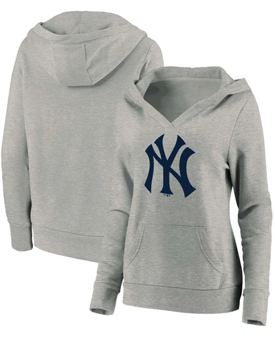Fanatics Plus Size Heathered Gray New York Yankees Official Logo Crossover V-neck Pullover Hoodie In Heather Gray