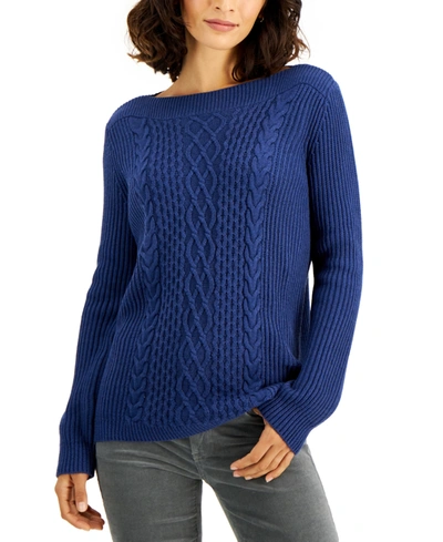 Tommy Hilfiger Cable-knit Boat-neck Sweater In Denim Hthr | ModeSens