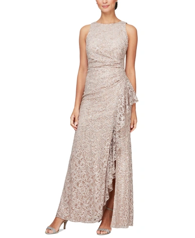 ALEX EVENINGS SEQUIN LACE CASCADING RUFFLE GOWN