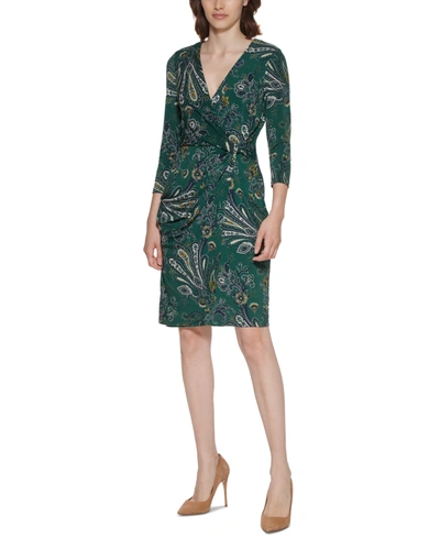Jessica Howard Petite Printed Faux-wrap Dress In Green Multi