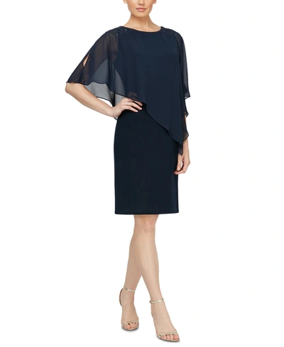 Sl Fashions Petite Short Chiffon And Jersey Popover Dress In New Navy