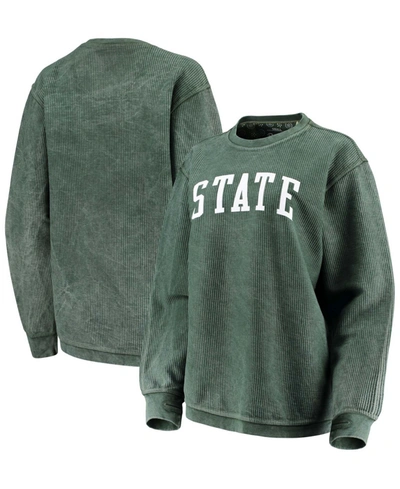 PRESSBOX WOMEN'S GREEN MICHIGAN STATE SPARTANS COMFY CORD VINTAGE-LIKE WASH BASIC ARCH PULLOVER SWEATSHIRT