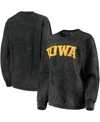 PRESSBOX WOMEN'S BLACK IOWA HAWKEYES COMFY CORD VINTAGE-LIKE WASH BASIC ARCH PULLOVER SWEATSHIRT