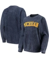 PRESSBOX WOMEN'S NAVY MICHIGAN WOLVERINES COMFY CORD VINTAGE-LIKE WASH BASIC ARCH PULLOVER SWEATSHIRT