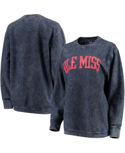 Pressbox Women's Navy Ole Miss Rebels Comfy Cord Vintage-like Wash Basic Arch Pullover Sweatshirt