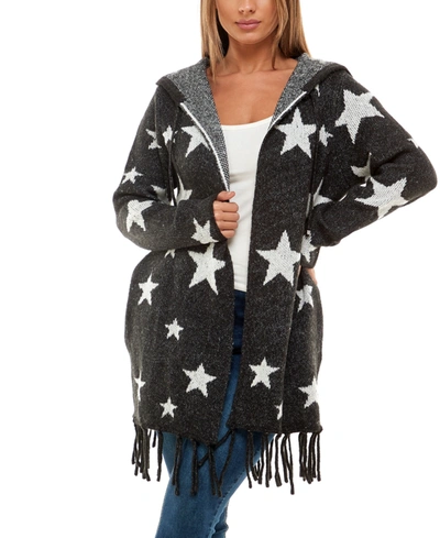 Adrienne Vittadini Women's Hooded Jacquard Coatigan With Fringe In Constellations