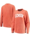 PRESSBOX WOMEN'S ORANGE CLEMSON TIGERS COMFY CORD VINTAGE-LIKE WASH BASIC ARCH PULLOVER SWEATSHIRT