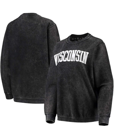 Pressbox Women's Black Wisconsin Badgers Comfy Cord Vintage-like Wash Basic Arch Pullover Sweatshirt