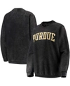 PRESSBOX WOMEN'S BLACK PURDUE BOILERMAKERS COMFY CORD VINTAGE-LIKE WASH BASIC ARCH PULLOVER SWEATSHIRT