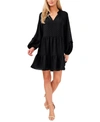 Cece Tiered Mock Neck Long Sleeve Shift Dress In Rich Black