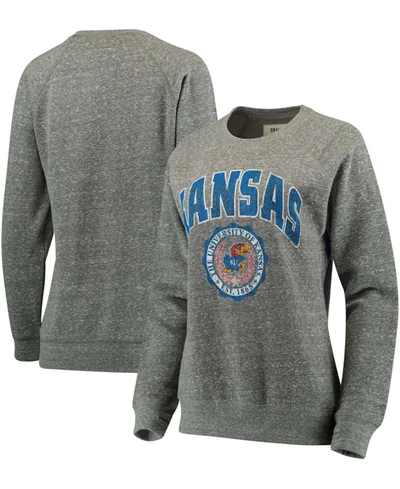 Pressbox Women's Heathered Gray Kansas Jayhawks Edith Vintage-like Knobi Pullover Sweatshirt