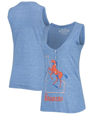 RETRO BRAND WOMEN'S HEATHERED ROYAL BOISE STATE BRONCOS RELAXED HENLEY TRI-BLEND V-NECK TANK TOP
