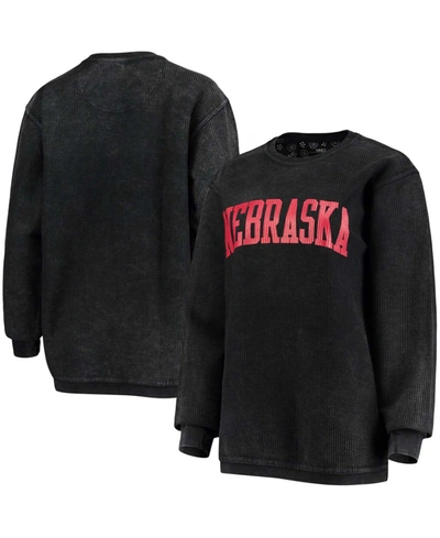 Pressbox Women's Black Nebraska Huskers Comfy Cord Vintage-like Wash Basic Arch Pullover Sweatshirt