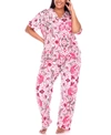 White Mark Plus Size Short Sleeve Pants Tropical Pajama Set, 2-piece In White/pink