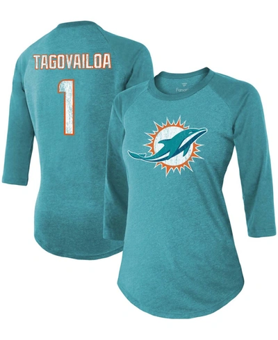 Fanatics Women's Tua Tagovailoa Aqua Miami Dolphins Player Name Number Raglan 3/4 Sleeve Tri-blend T-shirt