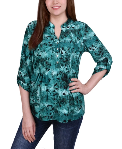Ny Collection Women's Plus Size 3/4 Sleeve Pleat Front Y Neck Top In Dark Teal Skin