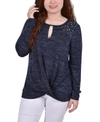 Ny Collection Petite Long Sleeve Knit Keyhole Top In Navy