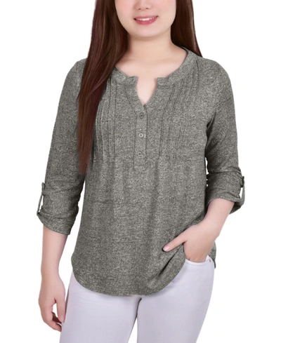 Ny Collection Women's 3/4 Roll Tab Sleeve Y-neck Top In Heather Gray
