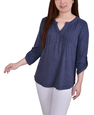 Ny Collection Women's 3/4 Roll Tab Sleeve Y-neck Top In Blue