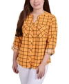 Ny Collection Plus Size 3/4 Sleeve Roll Tab Y Neck Blouse In Golden Glow/black Roomtile