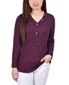 Ny Collection Women's Long Sleeve Ribbed Henley Top In Wine